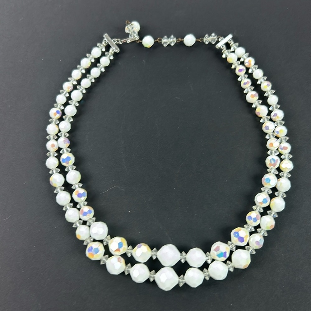 Vintage multi strand faceted white and crystal glass 50’s necklace